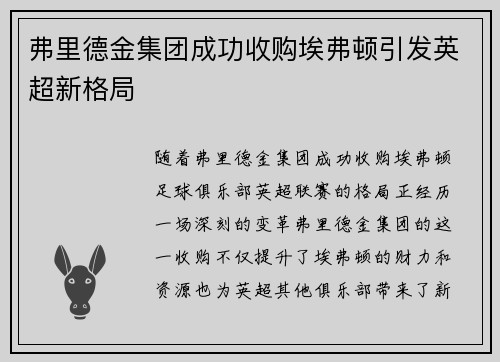 弗里德金集团成功收购埃弗顿引发英超新格局
